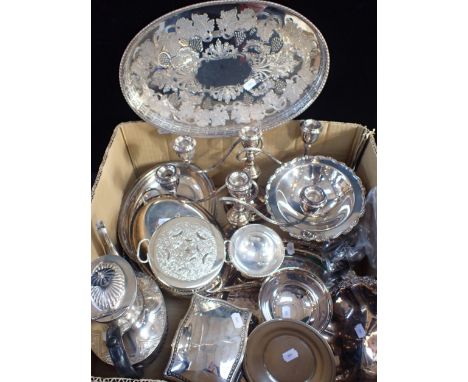 A COLLECTION OF PLATED WARESincluding pair of candelabra, serving dishes, trays etc