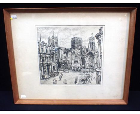 EDGAR HOLLOWAY 1914-2008: YORK MINSTER FROM STONEGATE SQUAREwith St Helen, Stonegate, etching, 5/50, signed to the margin, fr