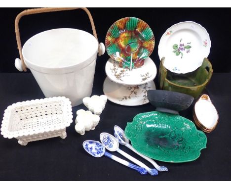 THREE 'ONION' PATTERN PORCELAIN SPOONS, A BASALT BOWL(a/f) and other ceramics; a Wedgwood scallop shell plate, a slops pail, 