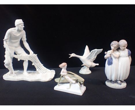ROSENTHAL; A TINY BOY RIDING A GRASSHOPPER,a Royal Copenhagen figure of two children, a Vista Alegre bisque fisherman with a 