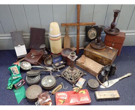 A COLLECTION OF SUNDRIESincluding a cast metal candlestick in Romanesque revival style