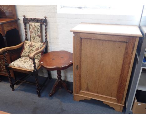 A LIGHT OAK CUPBOARD, ON BRACKET FEET73cm wide, a 1920s 'Jacobethan' style armchair, and a reproduction marquetry tripod tabl