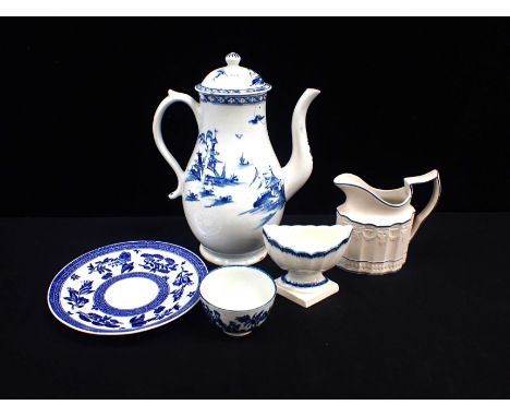 AN ENGLISH PEARLWARE COFFEE POTc.1790, with an early Worcester tea bowl, a pearlware salt, a Castleford type jug and a later 