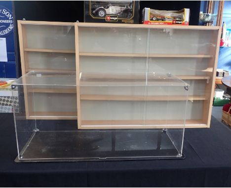 TWO DISPLAY CASESwith sliding glass door fronts and four shelves, 80cm wide, 60cm high, 10cm deep, with a perspex display box