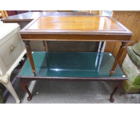 Two mahogany coffee tables, a standard lamp, a yew wood hi-fi unit and an oak bookcase top 