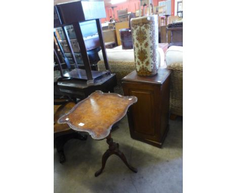 A walnut wine table, a walnut pot cupboard and an oriental stick stand 