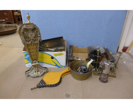 A collection of metalware, including jam pan, miner's lamp, etc. 