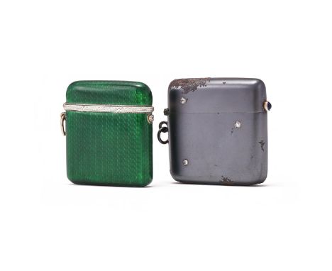 A SILVER AND ENAMEL VESTA CASE STAMPED TWICE WITH A THREE LEAF CLOVER With green guilloche enamel, a white and gilt reed and 