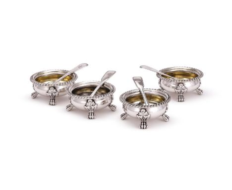 A SET OF FOUR WILLIAM IV CAULDRON SALTS MATTHEW BOULTON, BIRMINGHAM 1830 With gadrooned borders and on four foliate and lion 