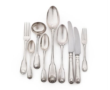 A MATCHED SILVER FIDDLE, SHELL AND THREAD PATTERN PART TABLE SERVICE VARIOUS MAKERS AND DATES Some crested, comprising:Twenty