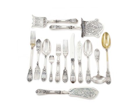 A FRENCH SILVER, SILVER GILT AND PARCEL GILT TABLE SERVICE MAISON KELLER, MINERVA MARK, CIRCA 1900 Comprising:The following i