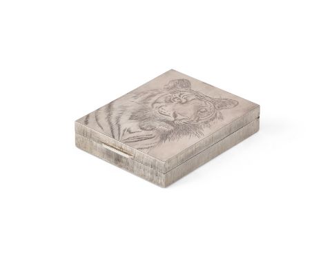 AN ITALIAN SILVER COLOURED CIGARETTE CASE MARIO BUCCELLATI, .800 STANDARD The cover engraved with a tiger, the interior engra