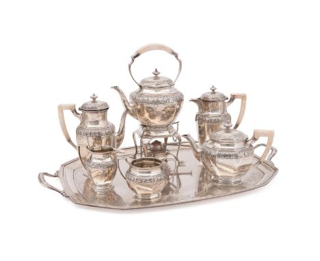 Y A SILVER SEVEN PIECE TEA AND COFFEE SERVICE MAPPIN & WEBB, SHEFFIELD 1928  Comprising: kettle on stand, hot water jug, coff