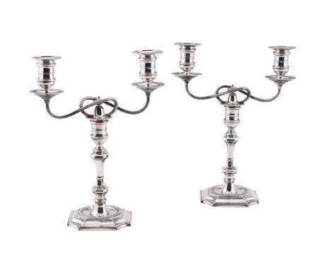 A PAIR OF VICTORIAN SILVER TWIN LIGHT CANDELABRA ELKINGTON & CO. LTD., BIRMINGHAM 1893 With gadrooned circular sconces and dr