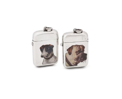 TWO VICTORIAN SILVER AND ENAMEL VESTA CASES GEORGE UNITE & SONS, BIRMINGHAM 1884 Enamelled with a Bullmastiff, the other a Ja
