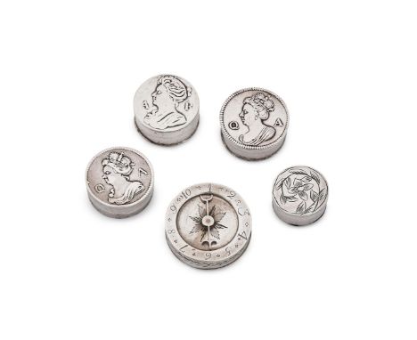 FIVE 18TH CENTURY ENGLISH SILVER COUNTER BOXES To include: a Queen Anne circular box, stamped with maker's mark TK only, the 
