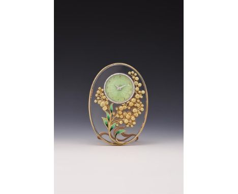 AN 18 CARAT GOLD, ENAMELLED AND DIAMOND SET DESK CLOCK SPONSOR'S MARK MM, LONDON 1989 With a gold frame, crystal glass body, 