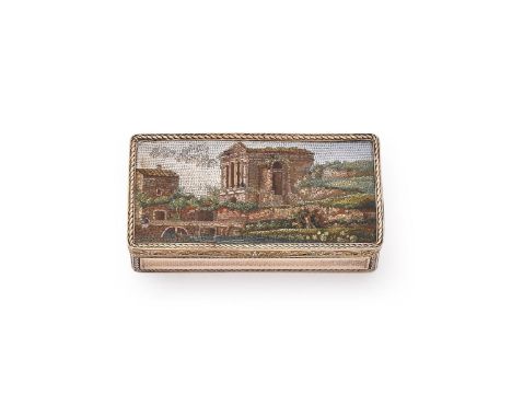 A GOLD BOX MOUNTED WITH A MICROMOSAIC OF THE TEMPLE OF THE CLITUMNUS STAMPED SPD AND 14, 19TH CENTURY The cover inset with a 