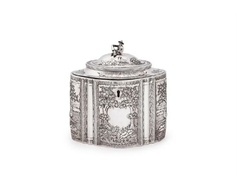 A GEORGE III SILVER SHAPED OVAL TEA CADDY ROBERT HENNELL I, LONDON 1792 With a seated figure terminal to the domed cover, the