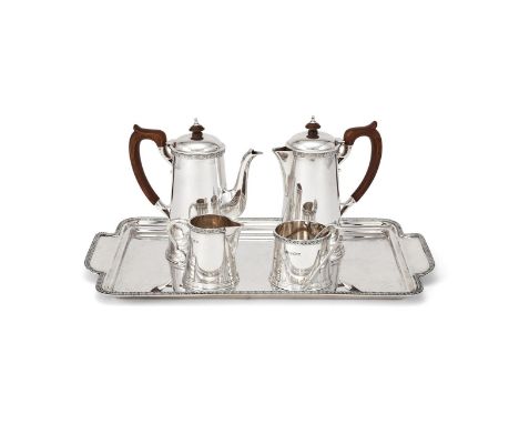 A SILVER FOUR PIECE TEA AND COFFEE SERVICE AND TRAY ELKINGTON & CO., BIRMINGHAM 1938 (1) AND 1939 The tea and coffee pot with