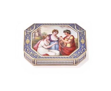 AN EARLY 19TH CENTURY ENAMELLED GOLD BOX  POSSIBLY HANAU  The rectangular box with canted corners, the lid enamelled with Apo