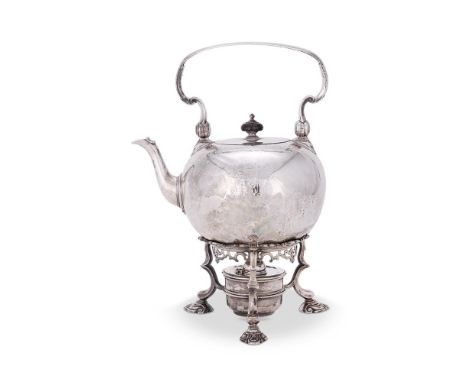 A GEORGE II SILVER GLOBULAR KETTLE ON STAND JOHN CHARTIER, LONDON 1732 With a wooden circular finial and a swing loop handle,