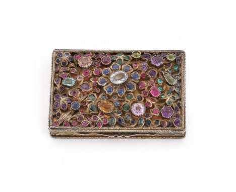A SILVER GILT AND GEMSET RECTANGULAR COMPACT STAMPED 800 The cover applied with a pierced floral panel set with various preci