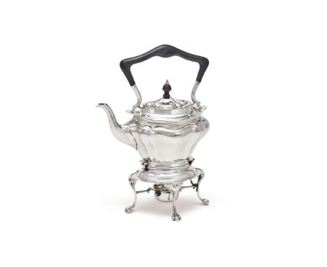 A SILVER OVAL LOBED BALUSTER KETTLE ON STAND WALKER & HALL, SHEFFIELD 1913 With a wooden bell shaped finial and loop handle, 