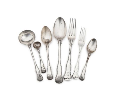 A VICTORIAN SILVER HOUR GLASS PATTERN PART TABLE SERVICE GEORGE ADAMS, LONDON 1873 Engraved with a crest, comprising:Nine tab