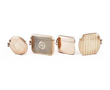 FOUR 9 CARAT GOLD VESTA CASES To include: an Edwardian circular vesta case by William Lewis, Birmingham 1903, with a hammered