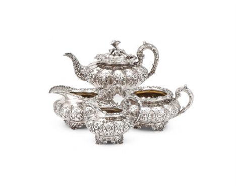 Y A WILLIAM IV SILVER LOBED CIRCULAR FOUR PIECE TEA SET EDWARD, EDWARD JUNIOR, JOHN & WILLIAM BARNARD, LONDON 1831 The tea po