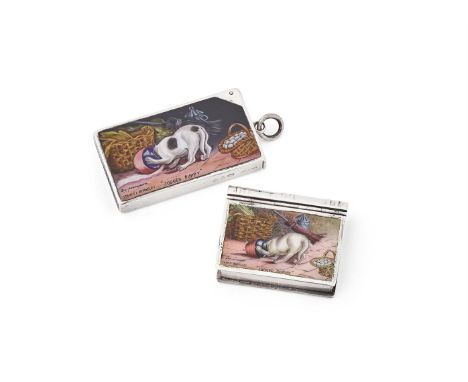 A VICTORIAN SILVER AND ENAMEL BOOK FORM VESTA CASE HORTON & ALLDAY, BIRMINGHAM 1886 The cover enamelled with a dog with its h