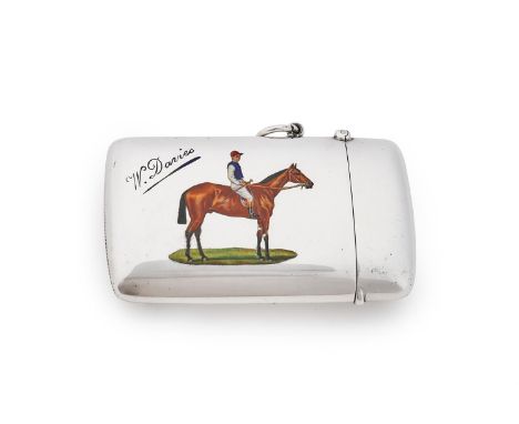 AN EDWARDIAN SILVER AND ENAMEL VESTA CASE JOHN MILWARD BANKS, BIRMINGHAM 1902 Enamelled with a jockey on horseback and W. Dav