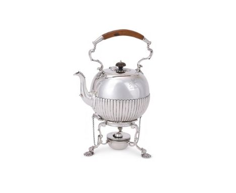 A VICTORIAN SILVER HALF LOBED KETTLE ON STAND CHARLES STUART HARRIS, LONDON 1898 With a wooden loop handle and lobed finial, 