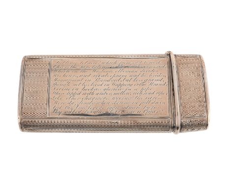 A WILLIAM IV SILVER OBLONG TABACO CASE JOHN TEARE, LONDON 1831 With engine turned decoration, engraved with a crest within a 
