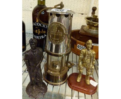 MINERS LAMP. Chrome and brass miners lamp and two mining figures 