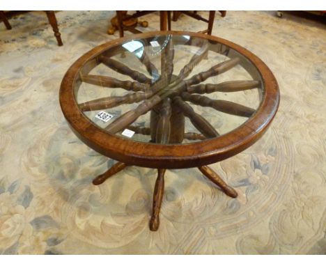 SHIPS WHEEL TABLE. Glass top ships wheel occasion table D: 63 cm