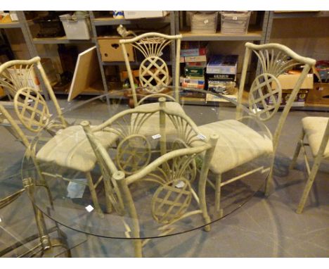 GLASS TABLE WITH FOUR CHAIRS. Circular glass table with four steel upholstered chairs 