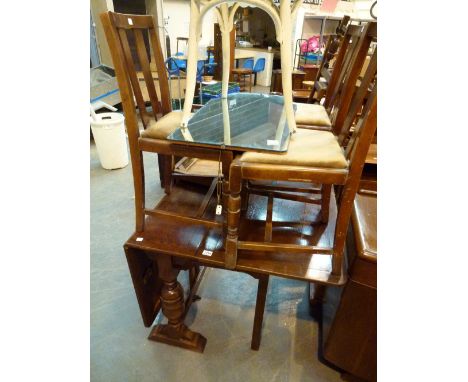 OAK DROPLEAF TABLE, CHAIRS AND MIRROR. Oak dropleaf table and four chairs, bentwood chair and mirror