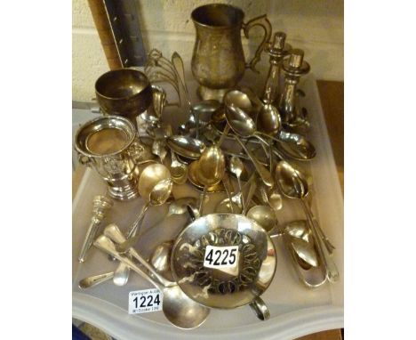 SILVER PLATED ITEMS. Tray of mixed silver plated items including flatware 