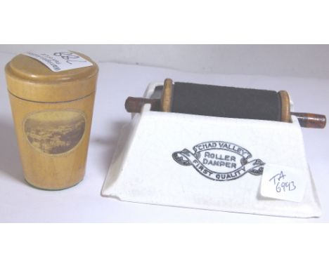 CHAD VALLEY ROLLER. Tunbridgeware top box with screw lid and an unusual Chad Valley roller stamper