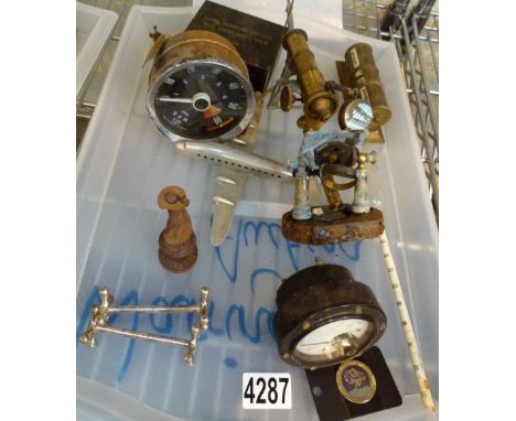 ASSORTED ITEMS. Tray of assorted items including brass microscope