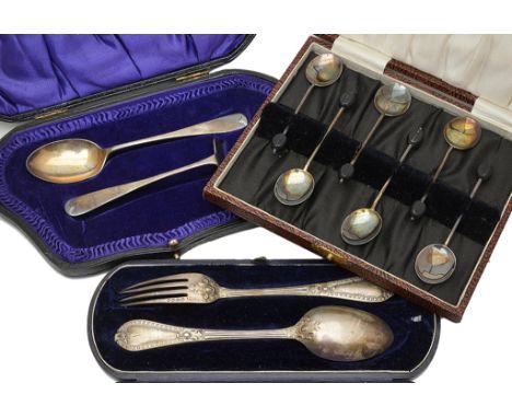 Three cased HM silver flatware sets to inc a child's set; together with coffee bean spoons and a Victorian spoon and fork