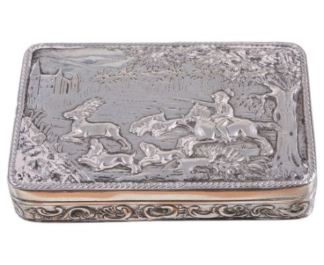 An early 20th century Austrian silver snuff/cigarette box, the cover depicting a gentleman on horseback chasing a stag CONDIT