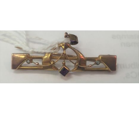 An Art Nouveau pearl and amethyst brooch, applied 9ct hallmark in Mackintosh/Jugenstil style