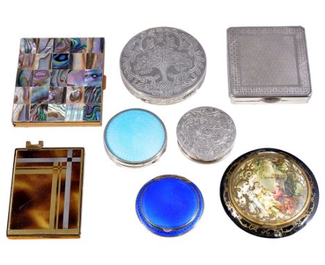 An assorted group of ladys' compacts and rouge potscomprising:-An Austrian silver-gilt and Royal blue enamel powder case, a C