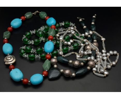A turquoise and venturine necklace; together with a rock crystal and pearl necklace, green and white faceted glass necklace a