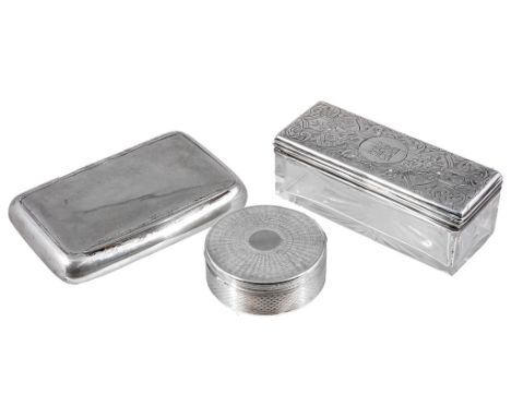 A Victorian silver and clear glass toilet box, by L C Vickery, London 1864, of narrow rectangular form, the cover decorated w