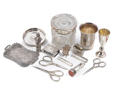 A mixed lot of silver and metalware  items, various dates and makers, comprising:- a silver and clear glass toilet jar, a sil