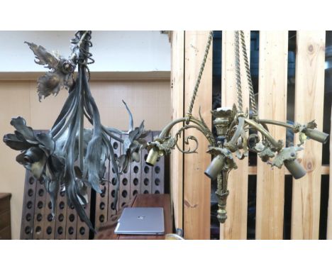 A lot comprising a large drop 19th century six branch brass chandelier with scrolled foliate decorated branches, 101cm high, 